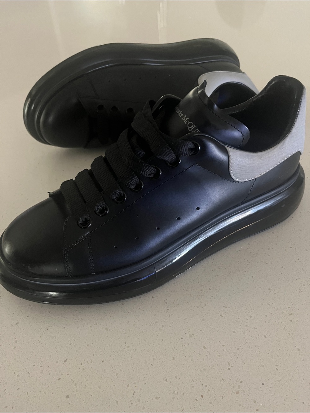 Alexander McQueen 9.5 Black Leather Sneakers with Light Gray Heel Tab